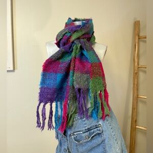 DONEGAL DESIGN Mohair Wool Scarf Ireland Irish Woven Multicolor Plaid Fringe